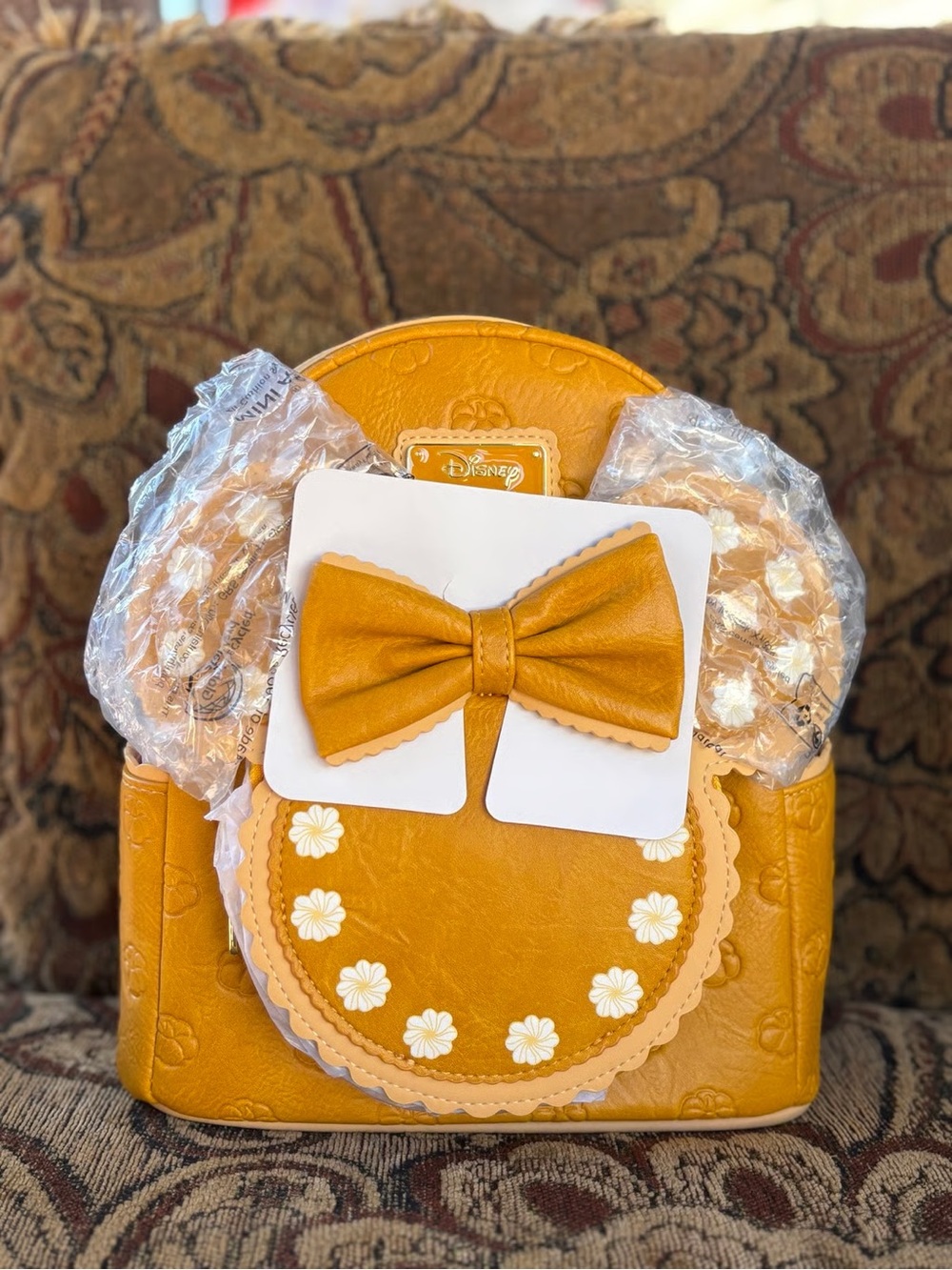 Disney Girls Mustard Yellow Faux Leather Mini Backpack with Floral Bow